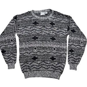 Vintage Piccadilly Sweater Mens Large Tall Gray Aztec Geometric Striped Knit